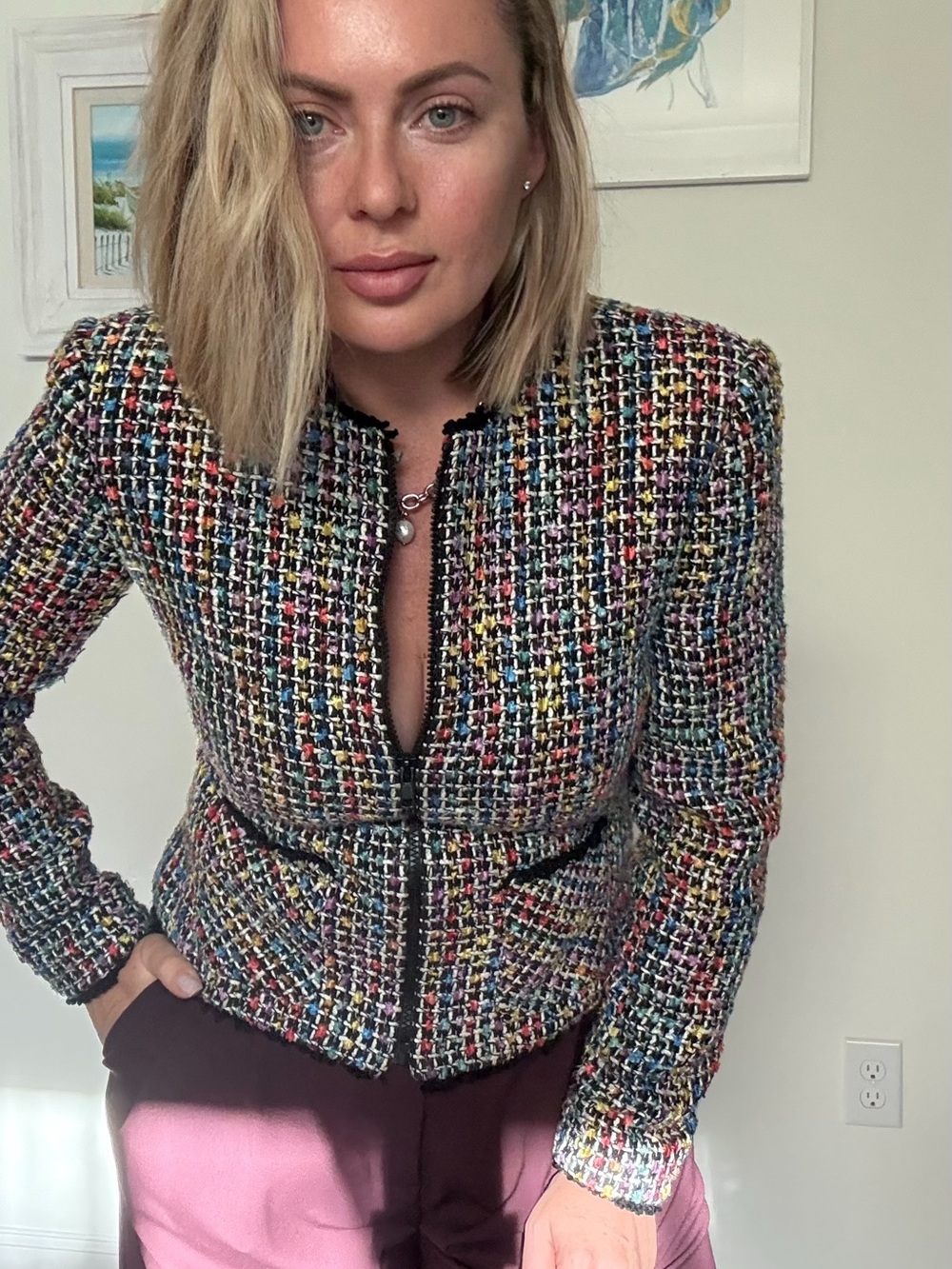 Vintage Anthracite Tweed Jacket Women Size 6 Multicolor Chanel Style Blazer - Picture 9 of 12